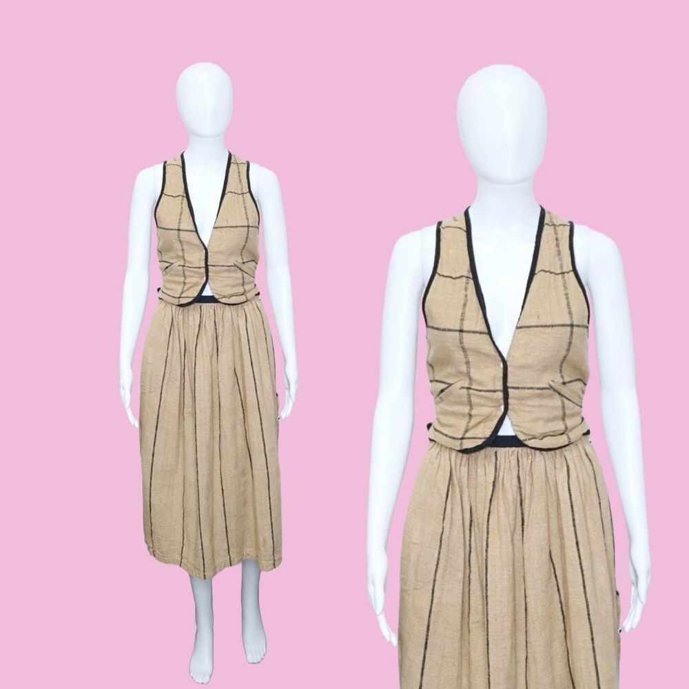1980s-1990s CAROL HORNS HABITAT 2 Piece Cotton Grid Vest & Skirt Set Extra Small